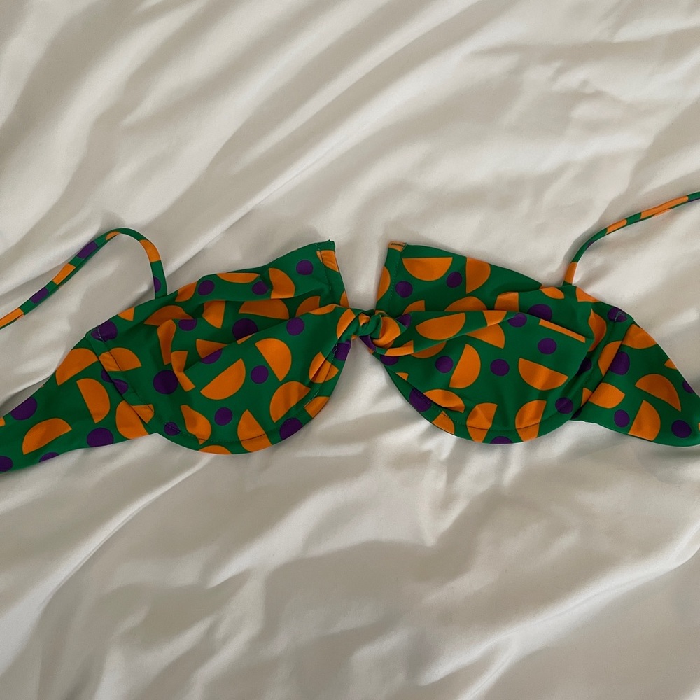 Kittenish Green Bikini Top with Orange Semi-Circles and Purple Dots